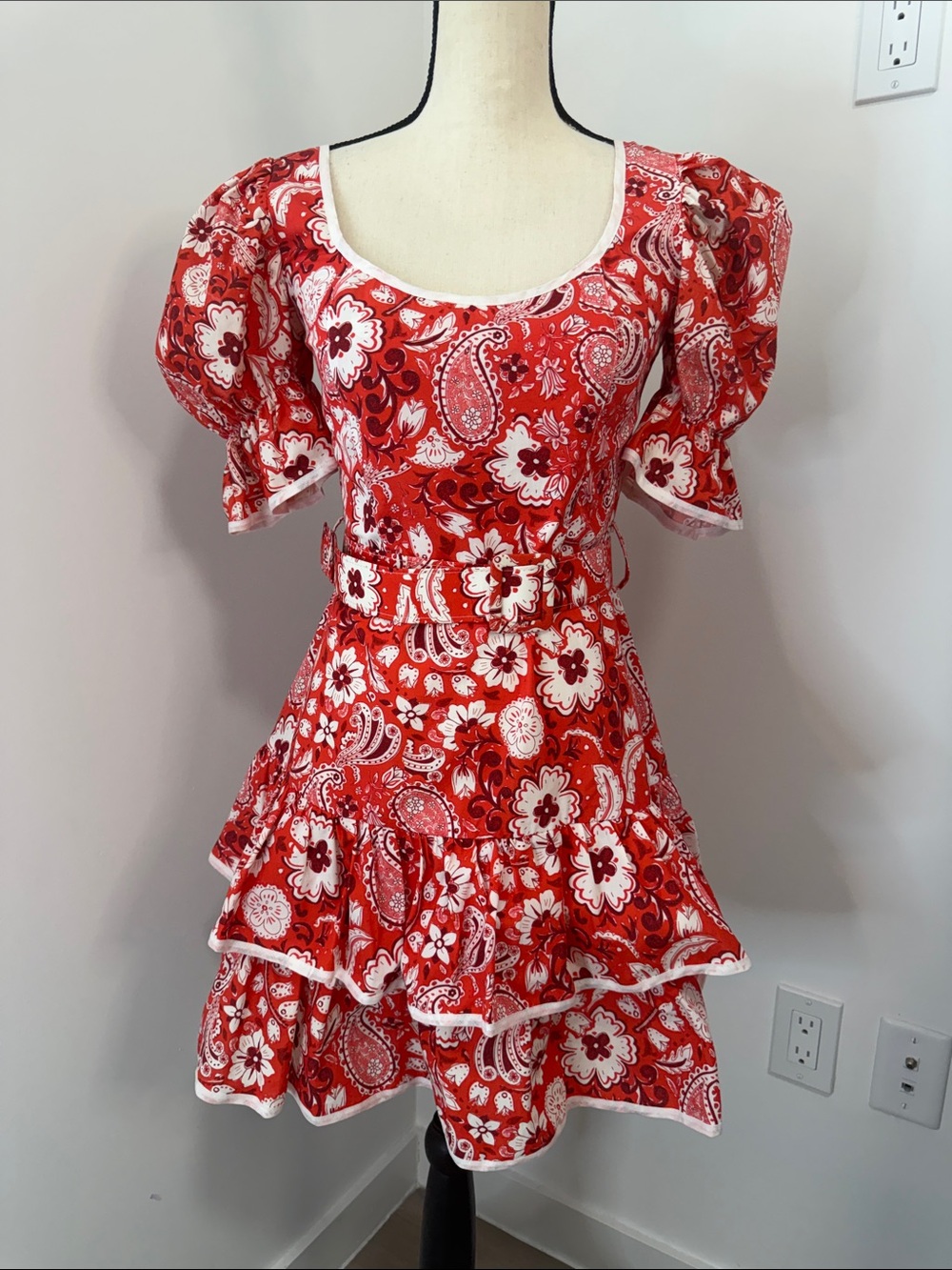 Kasia Red and White Floral Cotton Ruffle Mini Dress.  Sz Small